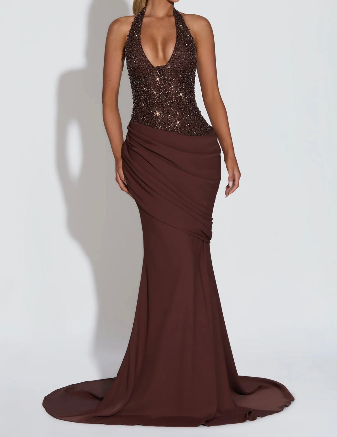 Deep Brown Shimmering Sequin Dress with Ruched Draped Bottom and Halter Top Detail