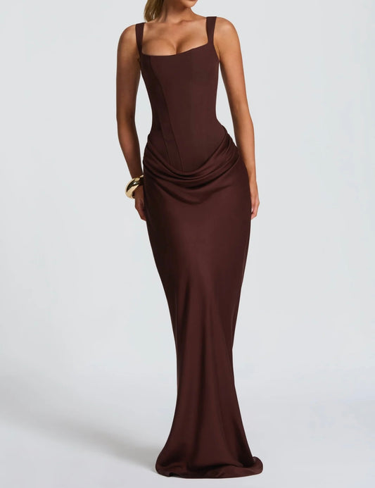 Deep Brown Corset Maxi Dress with Draped Hip Detail and Square Neckline Bodycon Silhouette