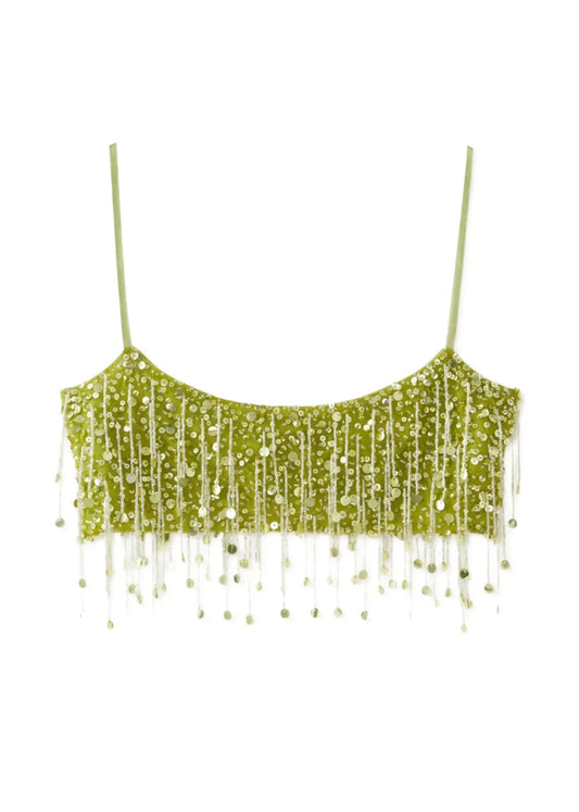 Lime Green Sequin Fringe Two-Piece Set - Beaded Crop Top and Mini Skirt Festival Outfit