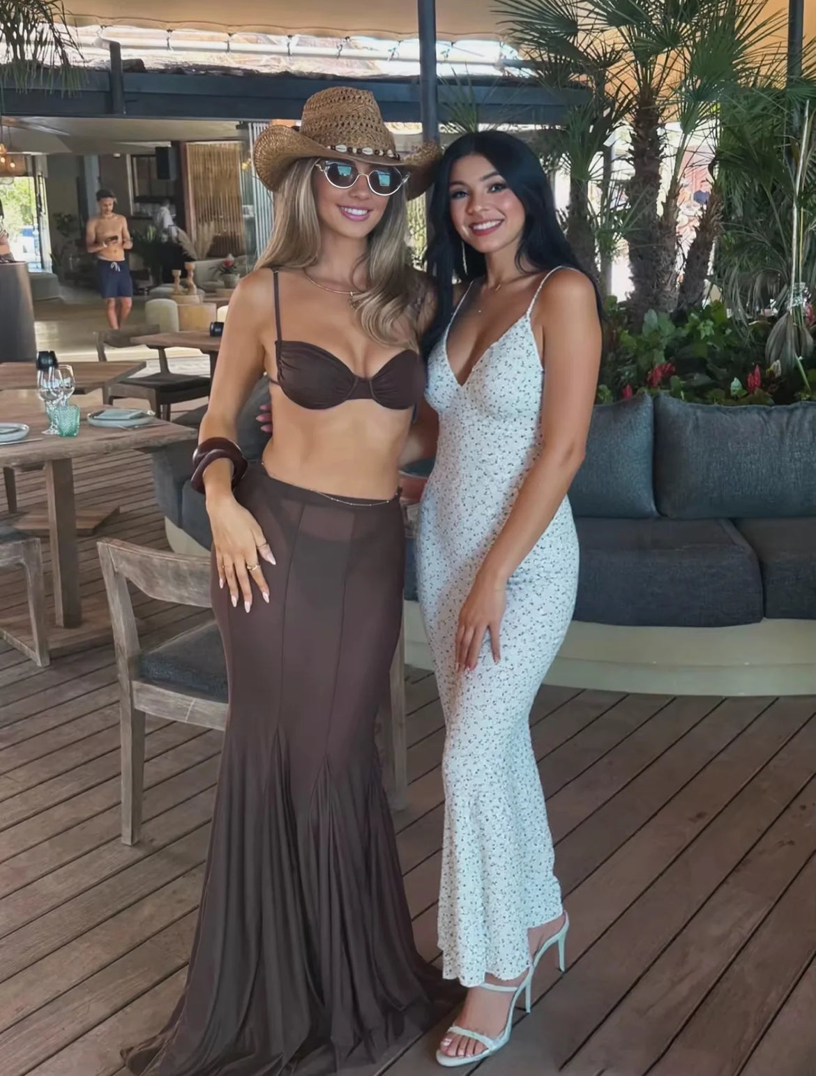 Brown Mesh Mermaid Skirt Set with Western Accessories - Trendy Summer Vacation Outfit