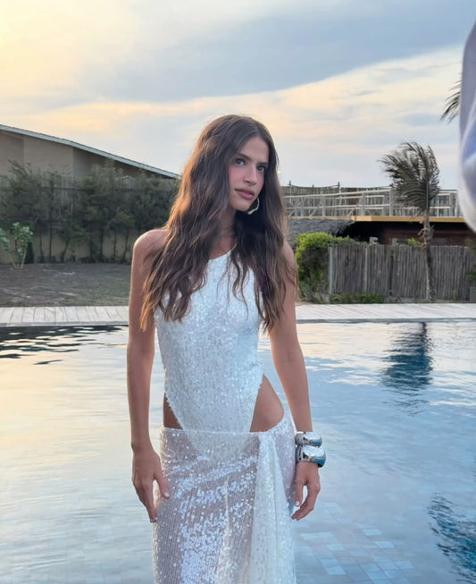 White Sequin Maxi Dress with High-Cut Bodysuit Detail and Sheer Wrap Skirt - Luxury Beach Party Outfit