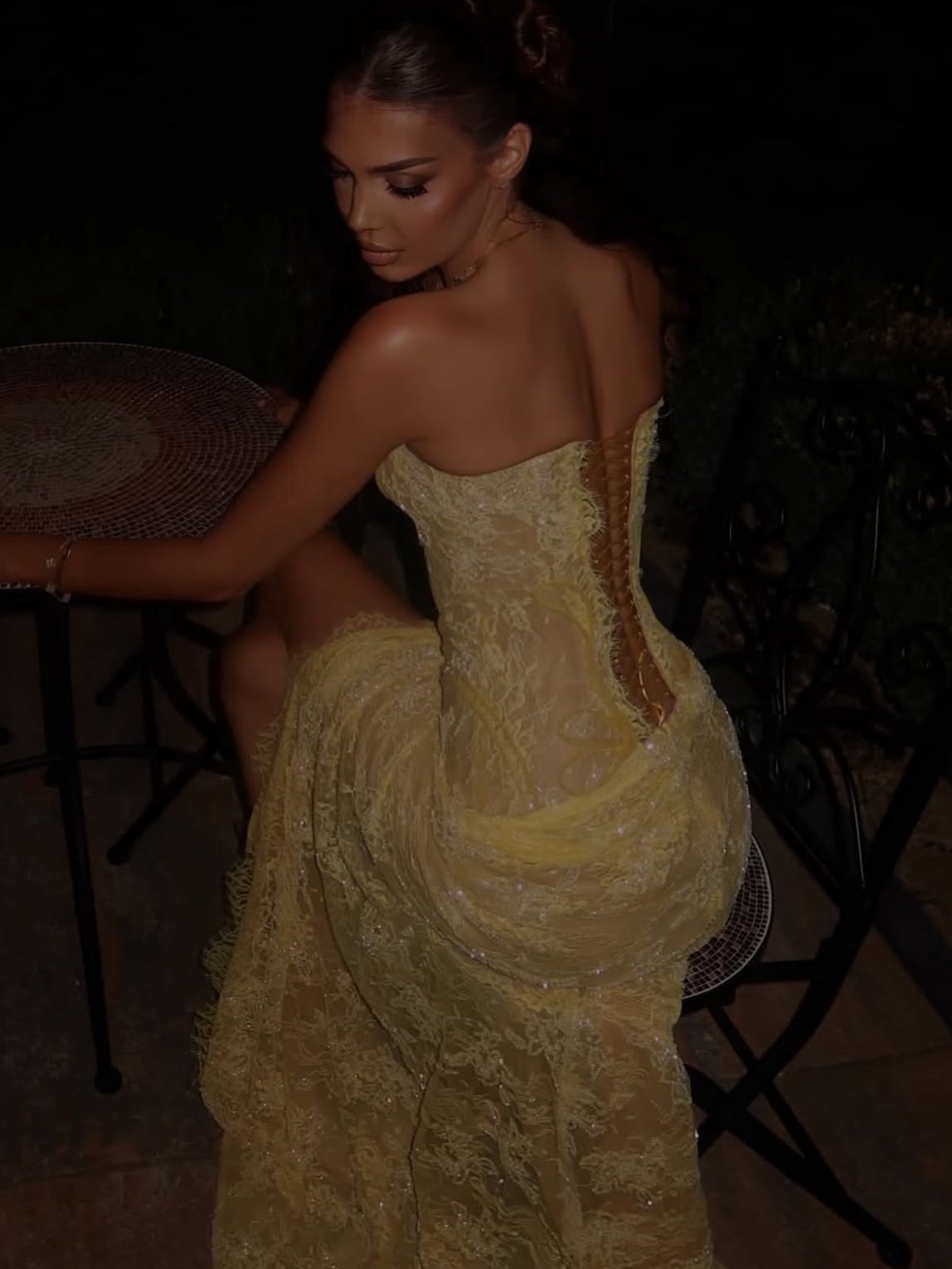 Yellow Embroidered Lace Bodycon Dress with Draped Skirt and Boned Corset Bodice