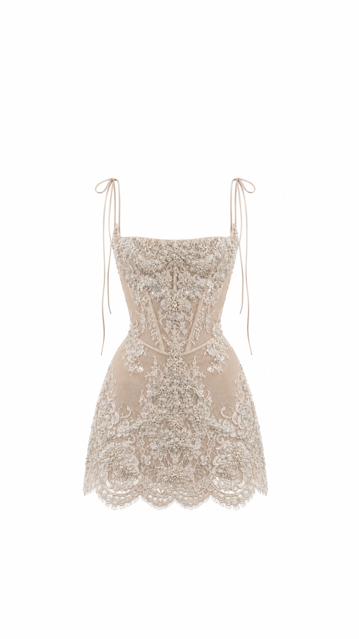 A beige lace corset mini dress with thin tie-shoulder straps, a structured corset bodice, and a flared lace skirt, shown against a plain white background.