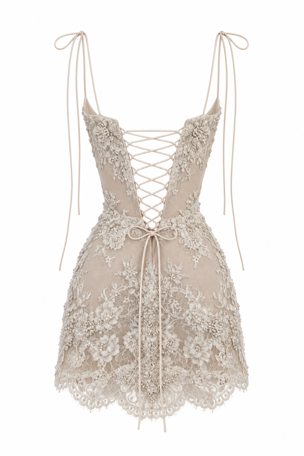 A beige lace mini dress with thin tie-shoulder straps, a lace-up corset-style bodice, and a flared skirt, shown on a plain white background.