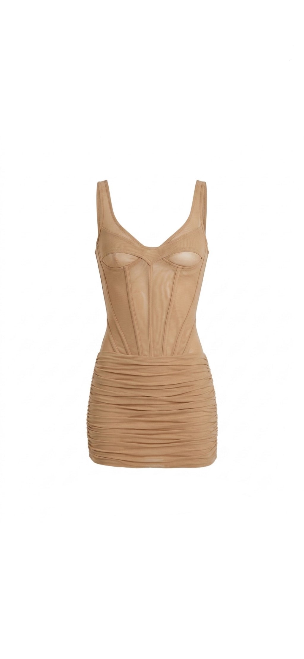 A beige ruched mini dress with a sweetheart neckline and sheer underbust cups, shown against a plain white background.