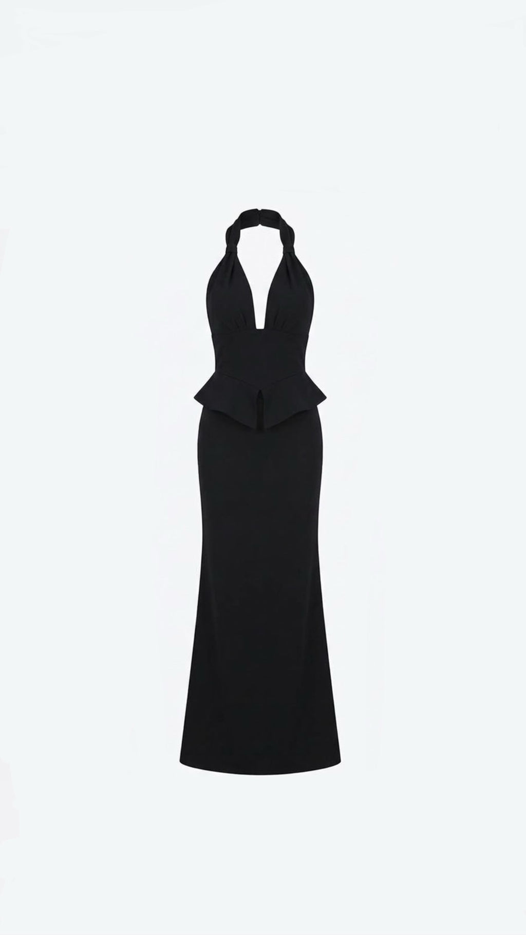 A black halter-neck maxi dress with a peplum waist, shown on a plain white background.