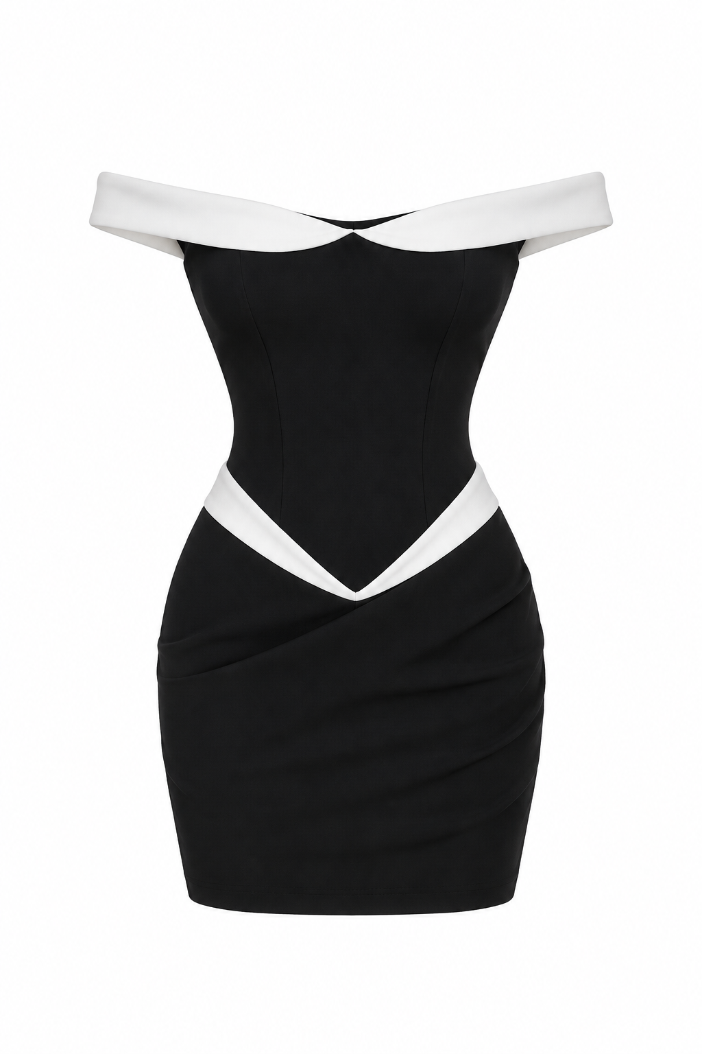 A black off-the-shoulder bodycon mini dress with contrasting white collar and waistband details, shown against a plain white background.