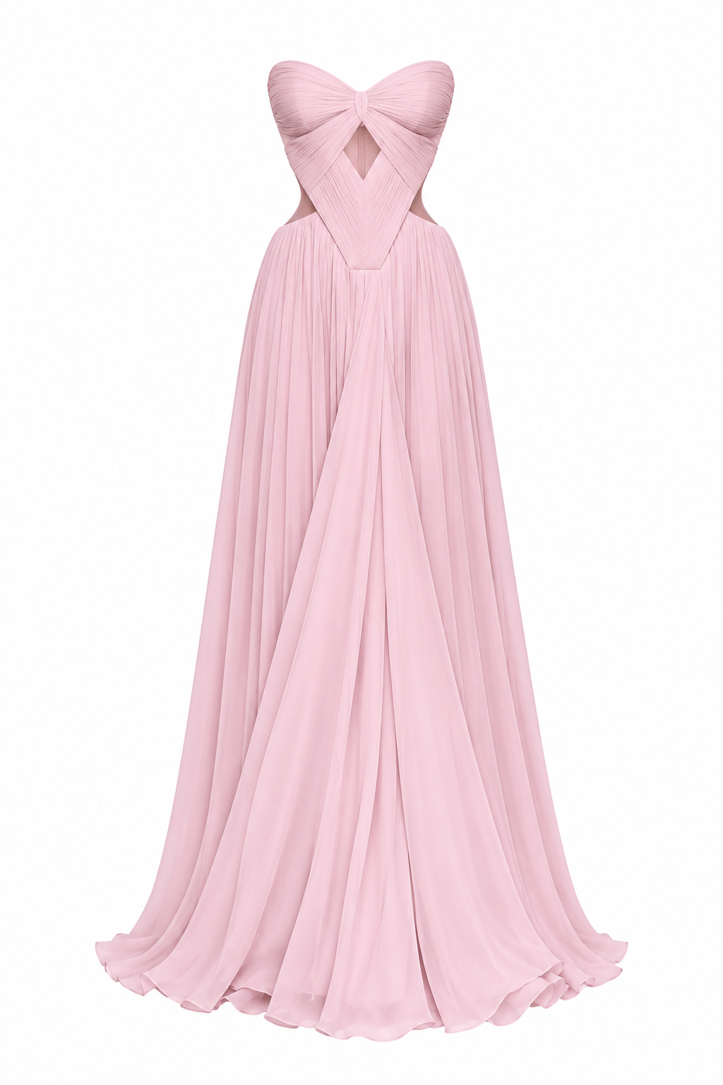 A light pink strapless formal gown with a sweetheart neckline, a twisted bow detail at the chest, and a flowing pleated skirt, shown against a plain white background.