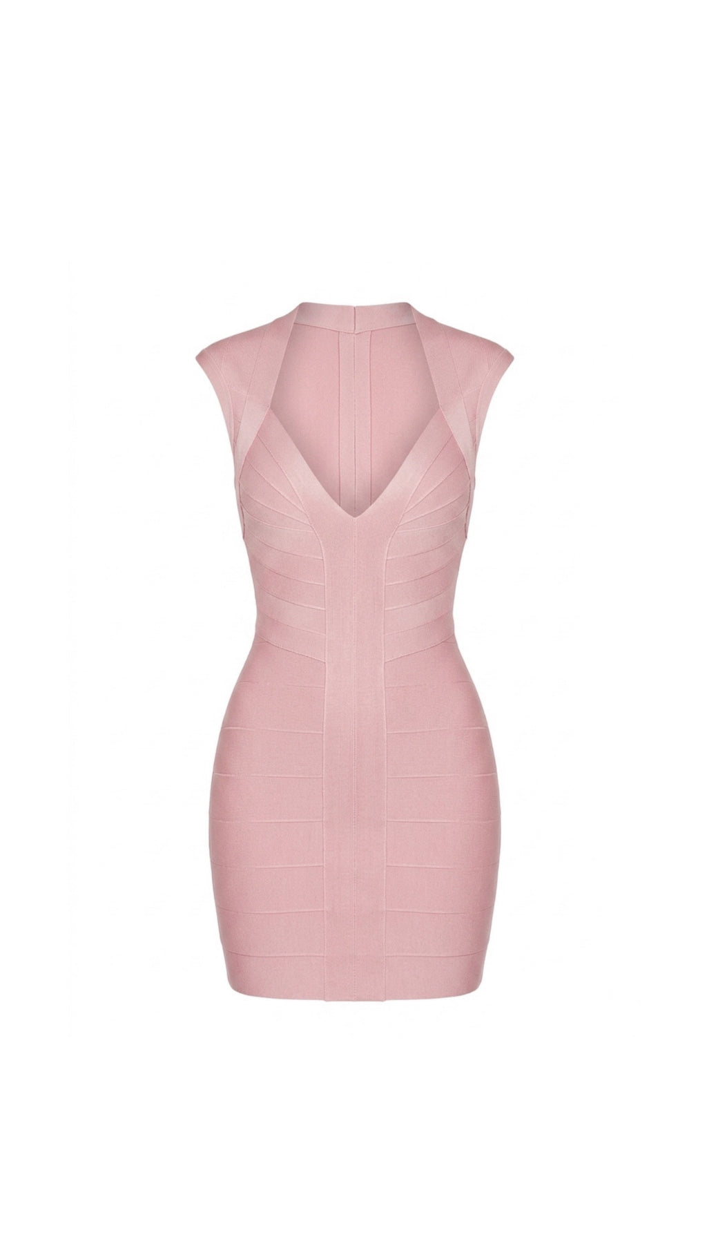 A sleeveless bodycon mini dress in light pink with a structured, quilted texture and a V-neckline, shown from the back on a plain white background.