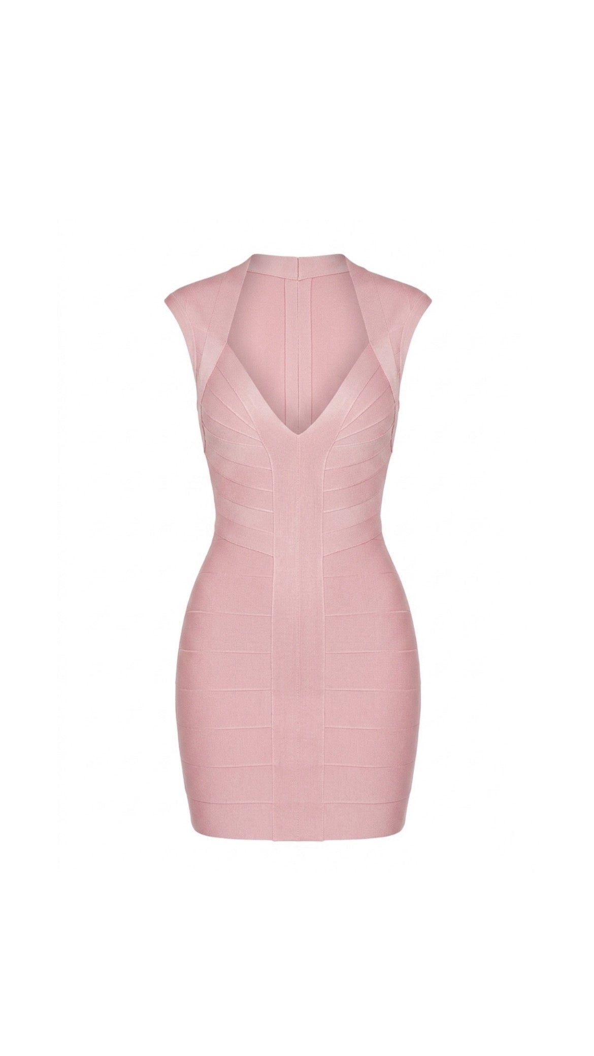 A sleeveless bodycon mini dress in light pink with a structured, quilted texture and a V-neckline, shown from the back on a plain white background.