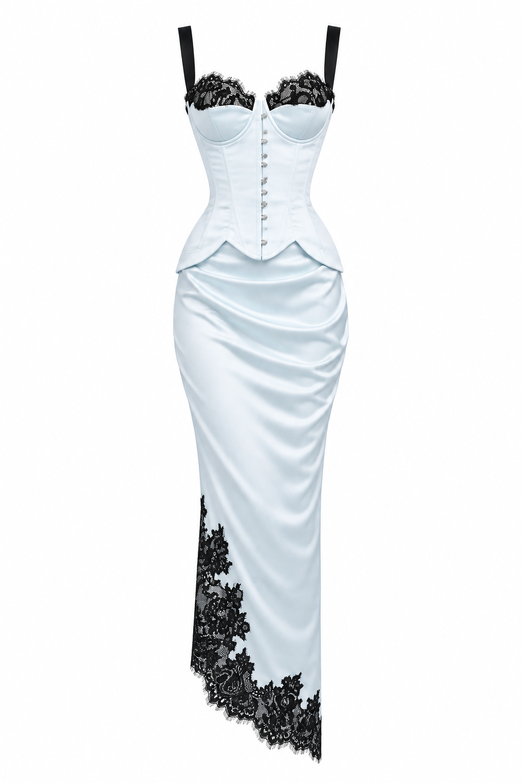 A white satin corset-style dress with black lace trim at the bust, straps, and hem, shown on a plain white background.
