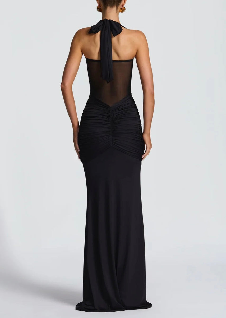 Black Mermaid Style Maxi Dress with Sheer Mesh Midriff and Gathered Hip Detail