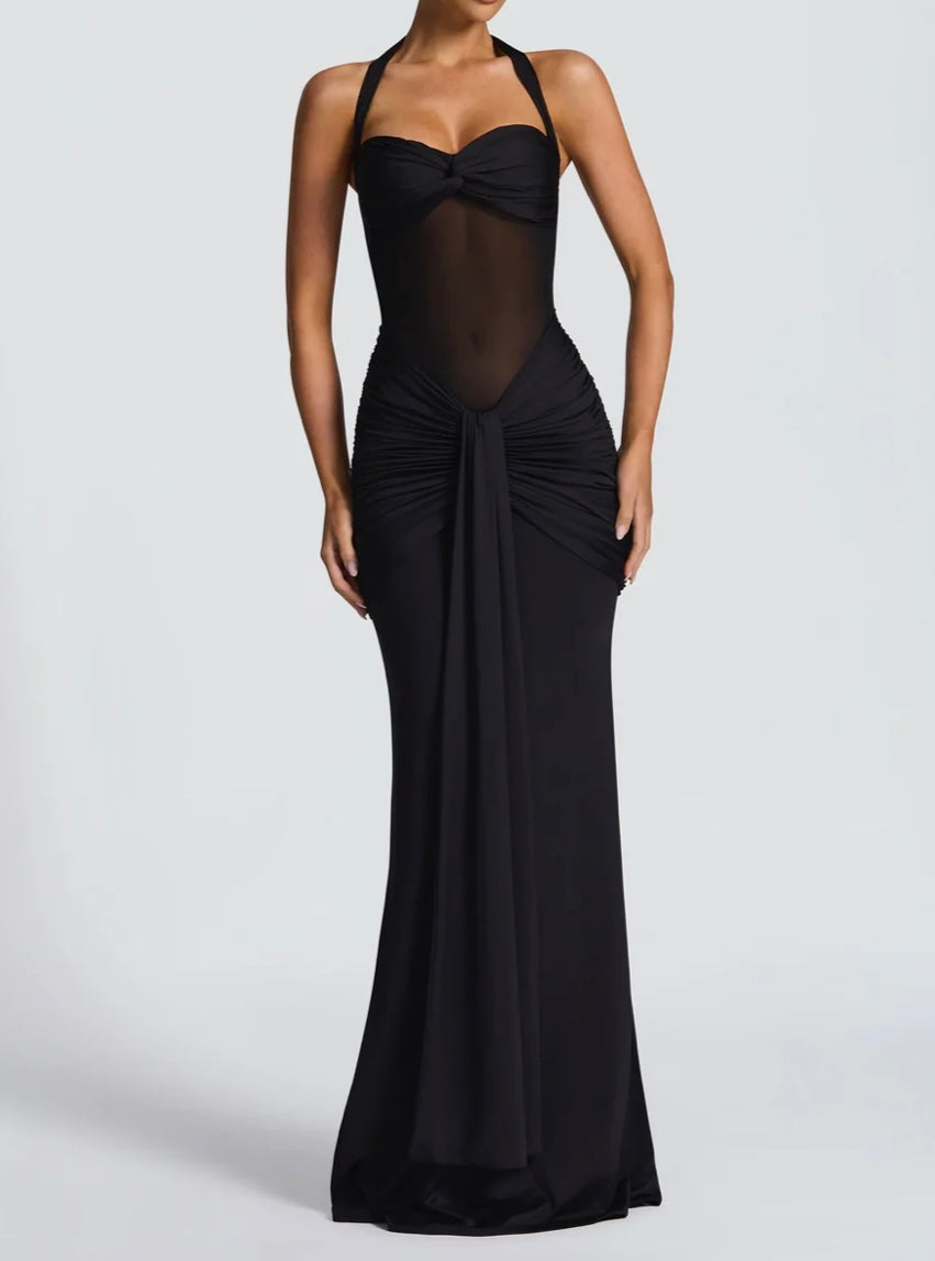 Black Mermaid Style Maxi Dress with Sheer Mesh Midriff and Gathered Hip Detail