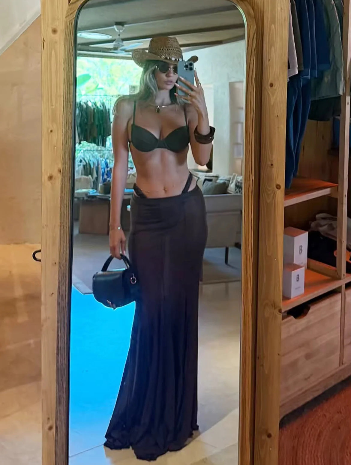 Brown Mesh Mermaid Skirt Set with Western Accessories - Trendy Summer Vacation Outfit