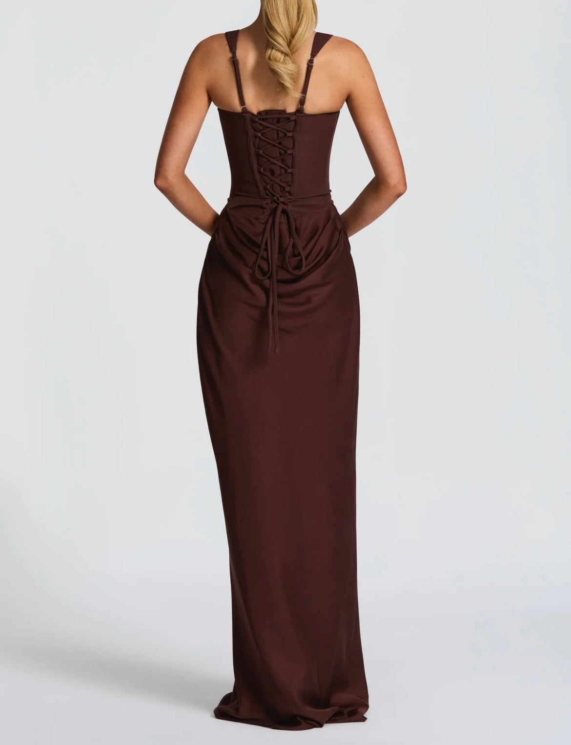Deep Brown Corset Maxi Dress with Draped Hip Detail and Square Neckline Bodycon Silhouette