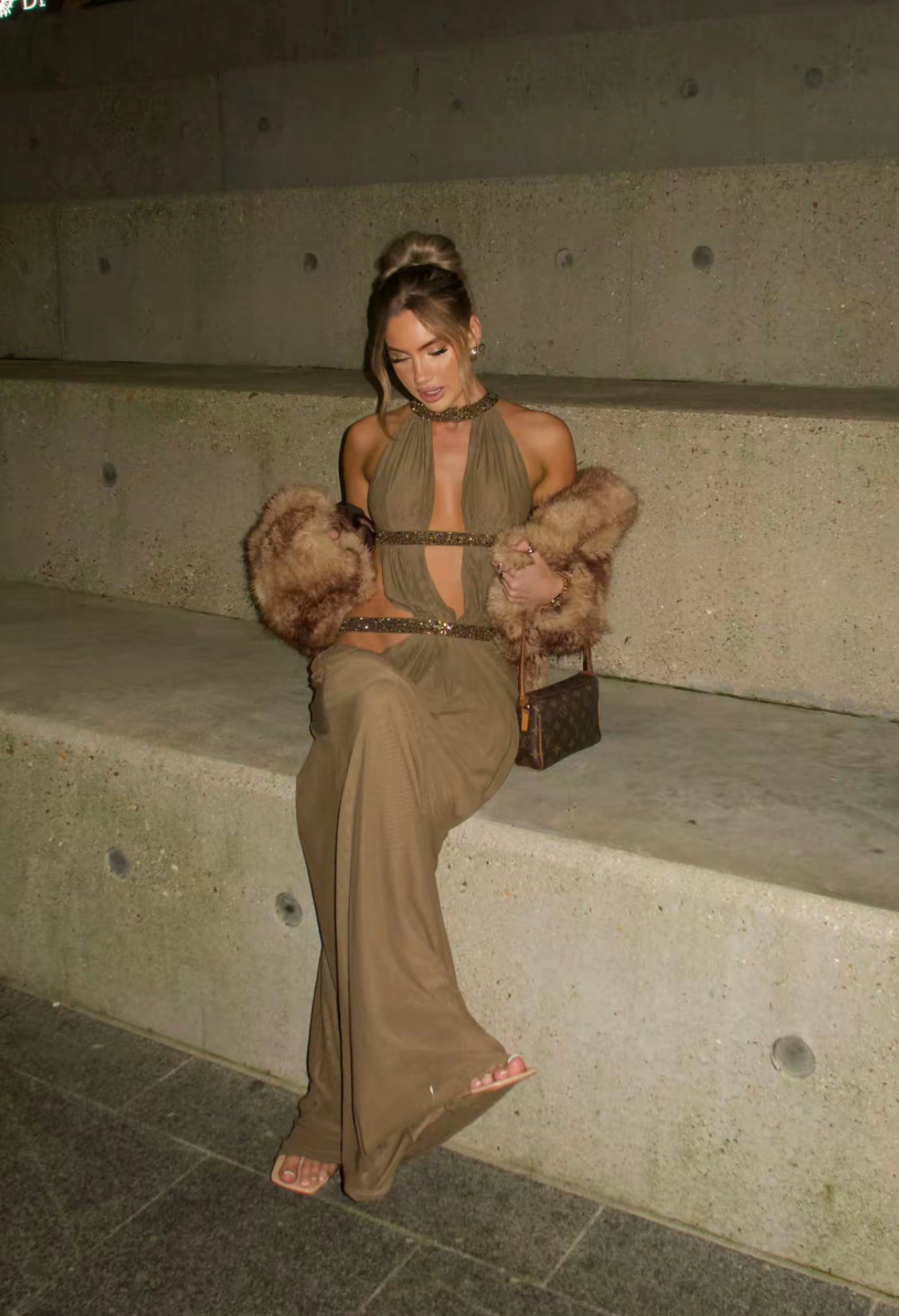 Sexy Brown Cut-Out Evening Gown with Beaded Straps - Glamorous High-Slit Long Dress for Red Carpet