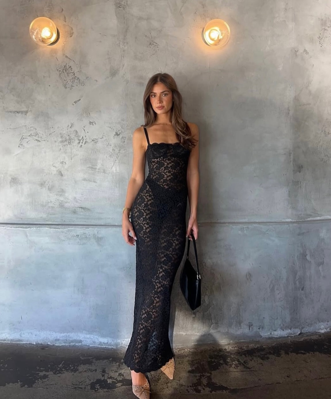 Deep Black Sheer Lace Maxi Dress - Romantic Coquette Aesthetic Party Dress for Date Night