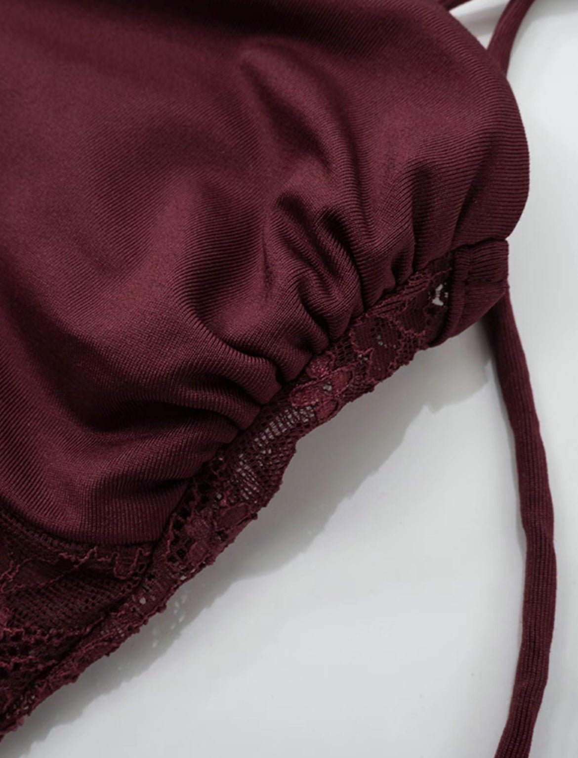 Deep Burgundy Maxi Dress with Sheer Floral Lace Midriff and Draped Halter Neckline