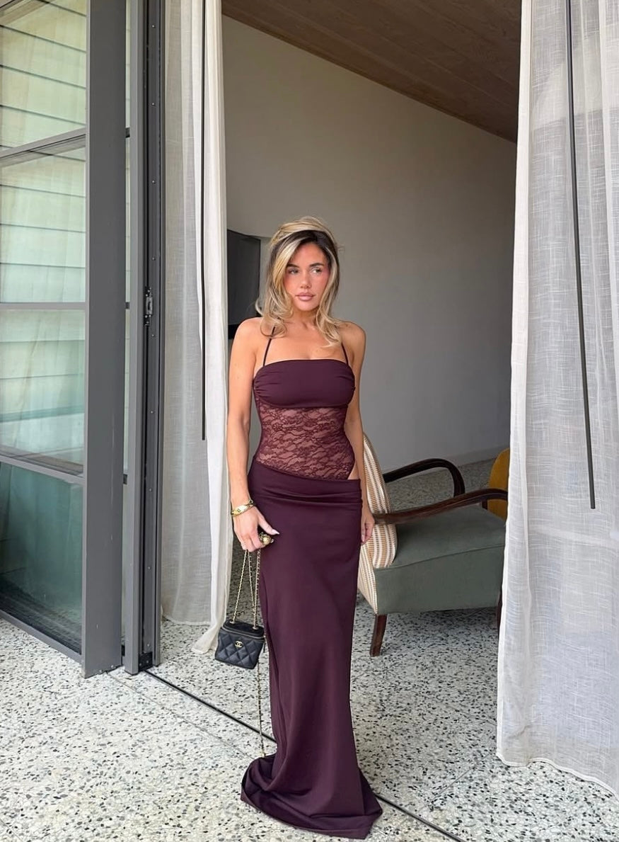 Deep Burgundy Maxi Dress with Sheer Floral Lace Midriff and Draped Halter Neckline