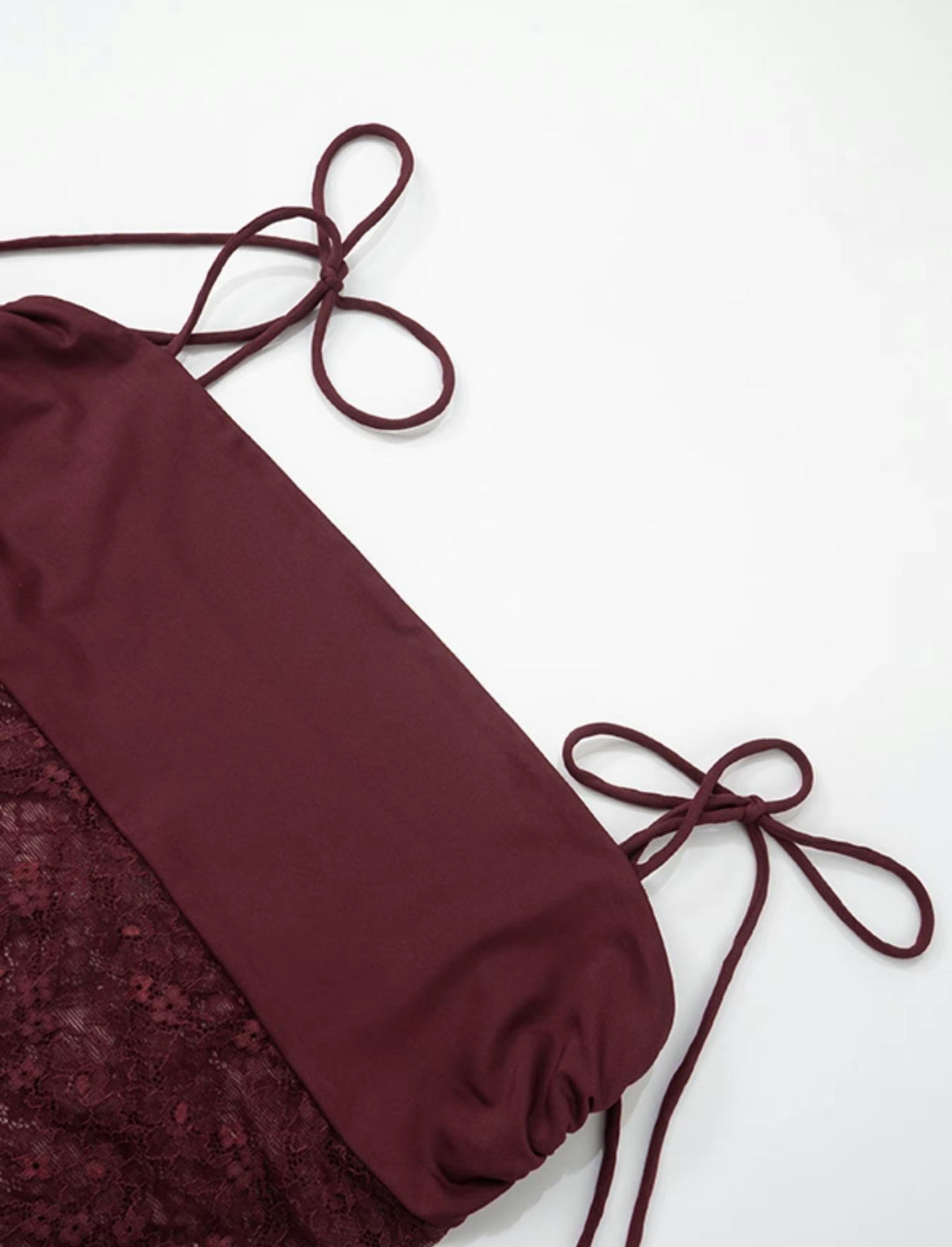 Deep Burgundy Maxi Dress with Sheer Floral Lace Midriff and Draped Halter Neckline