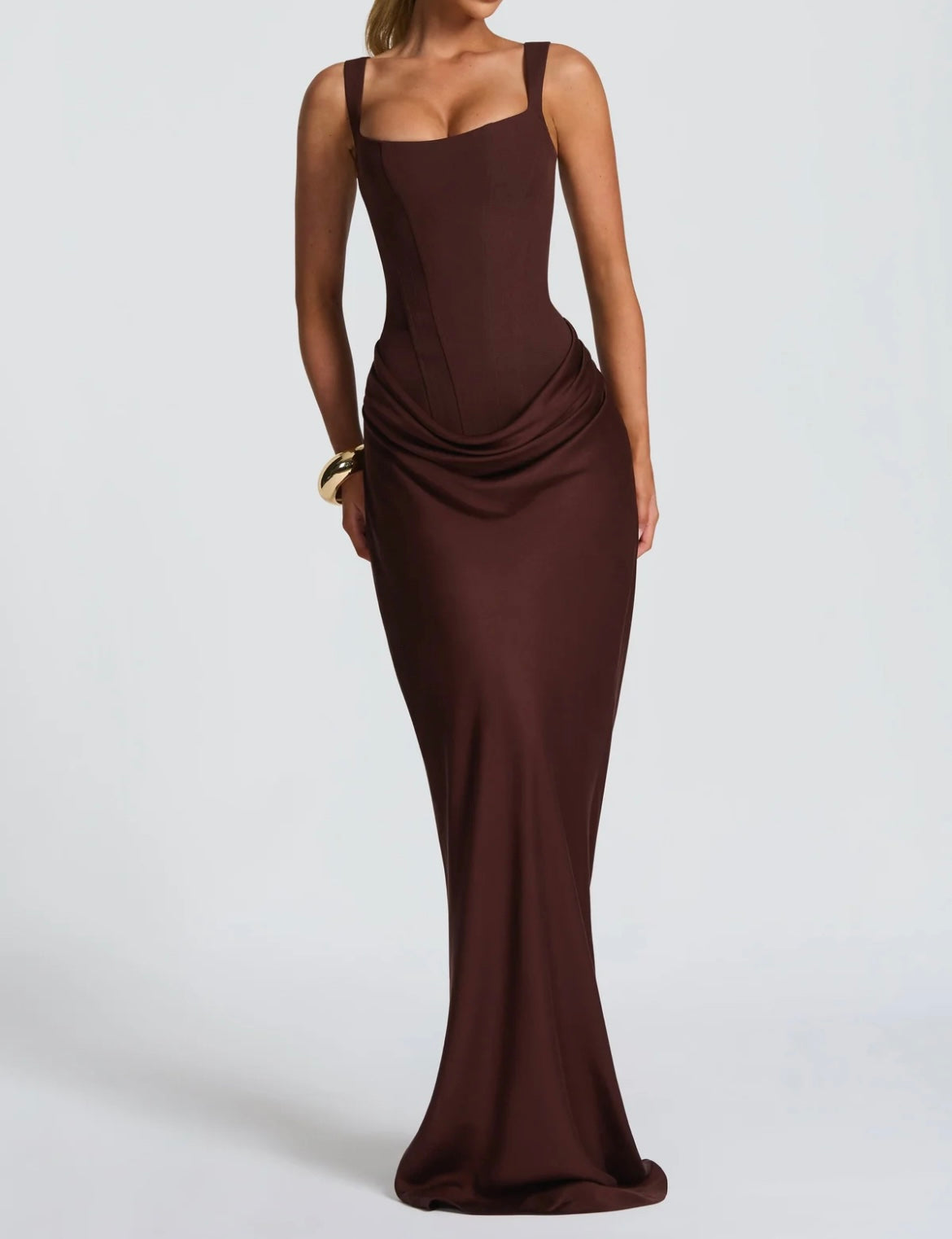 Deep Brown Corset Maxi Dress with Draped Hip Detail and Square Neckline Bodycon Silhouette