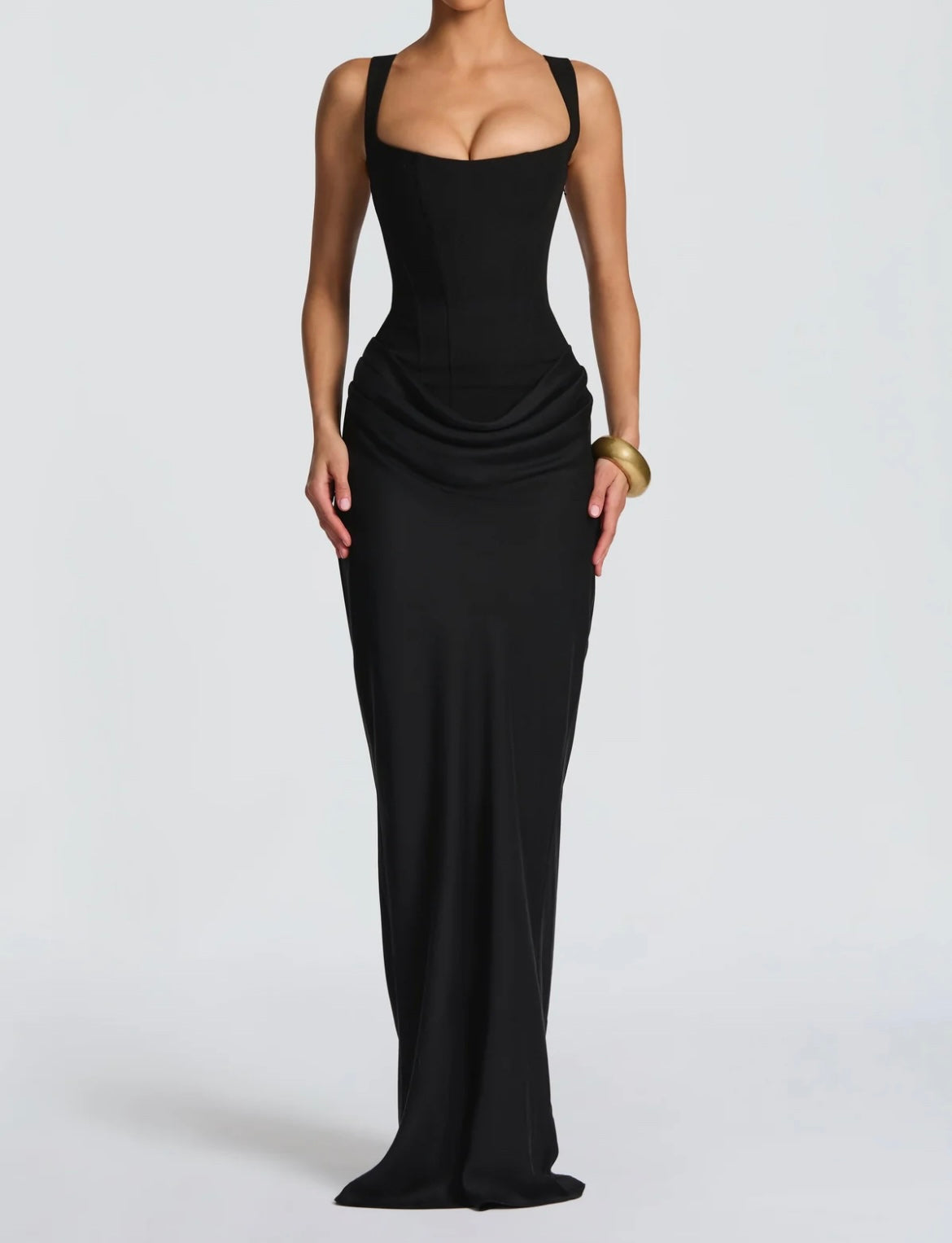 Elegant Black Evening Gown - Sleeveless Corset Bodice Long Dress with Ruched Skirt