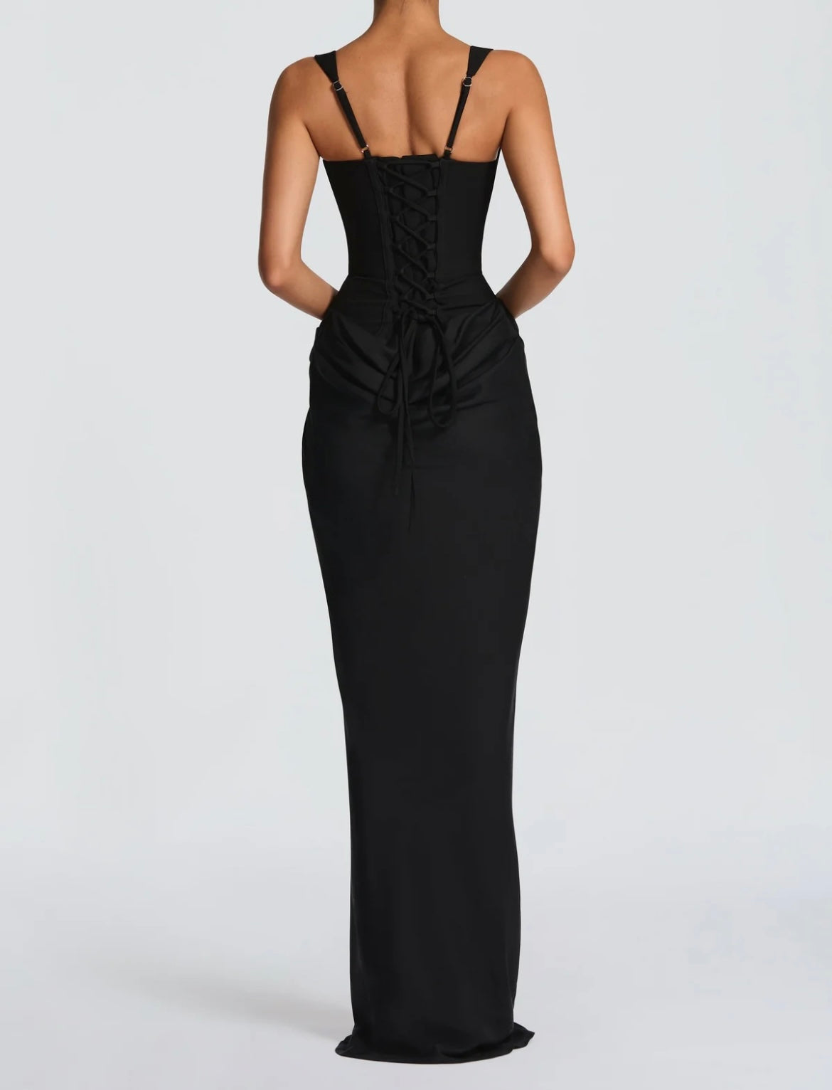 Elegant Black Evening Gown - Sleeveless Corset Bodice Long Dress with Ruched Skirt