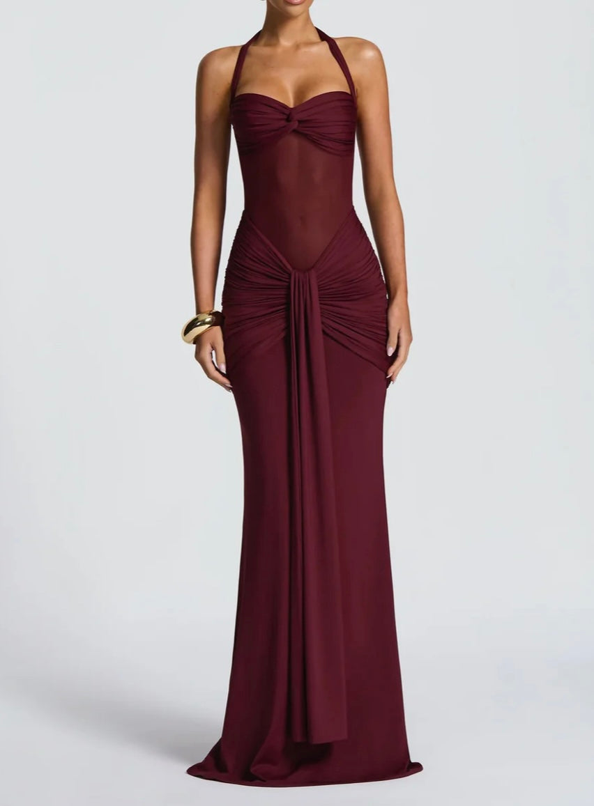 Burgundy evening gown on a white background