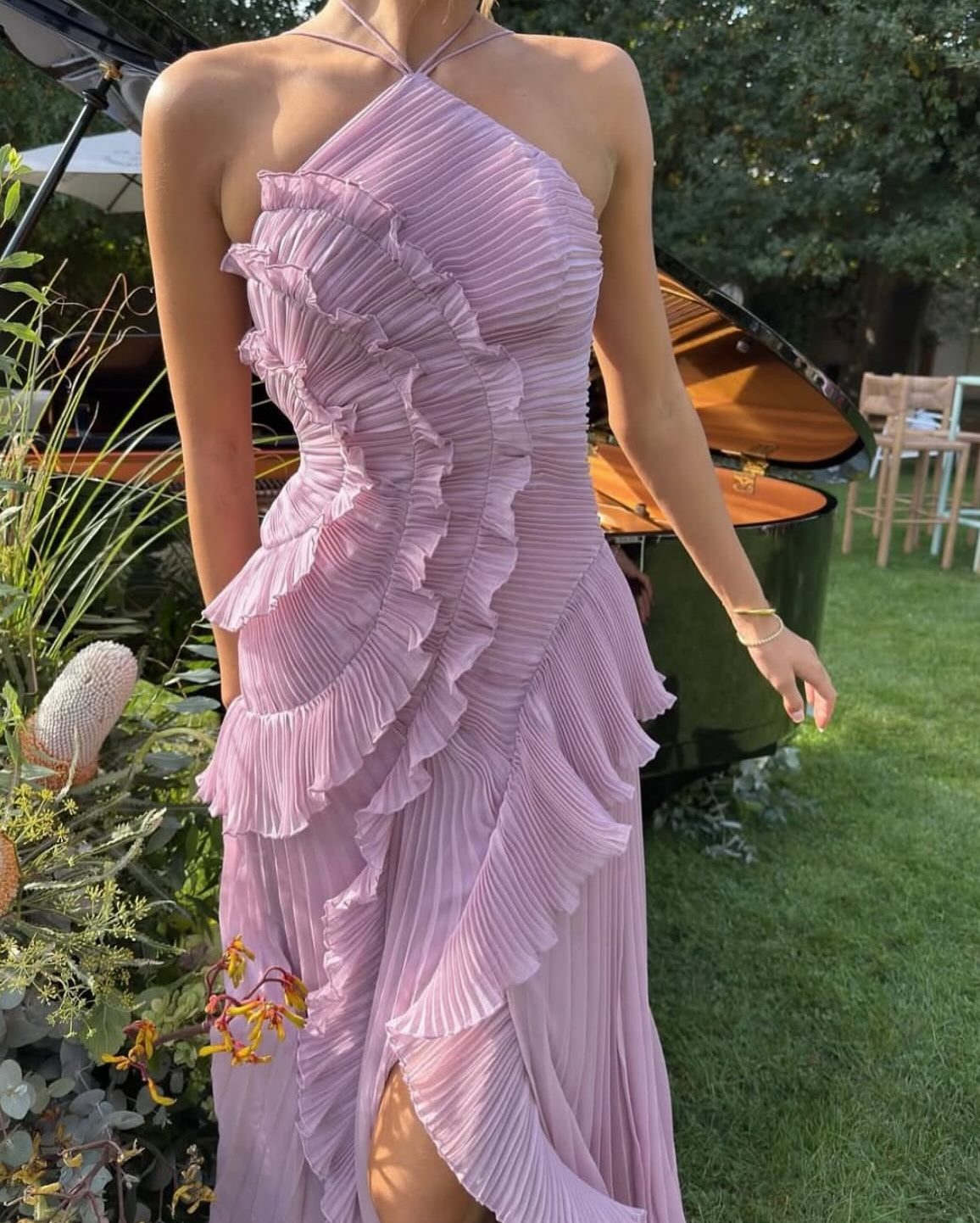Elegant Lilac Ruffle Long Dress - Pleated Halter Neck Evening Gown for Wedding Guest