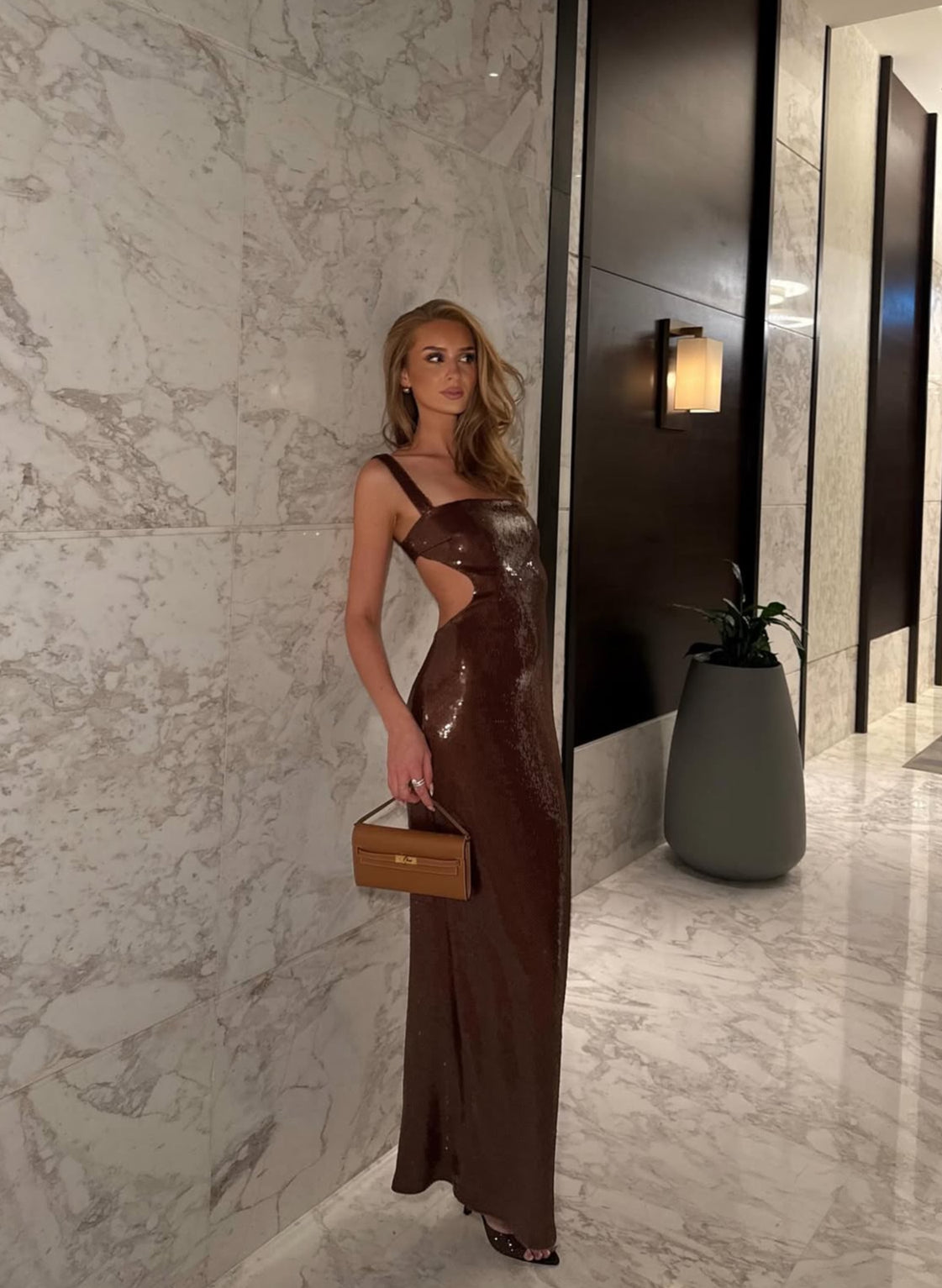 Elegant Sparkly Sleeveless Evening Gown with Back Slit