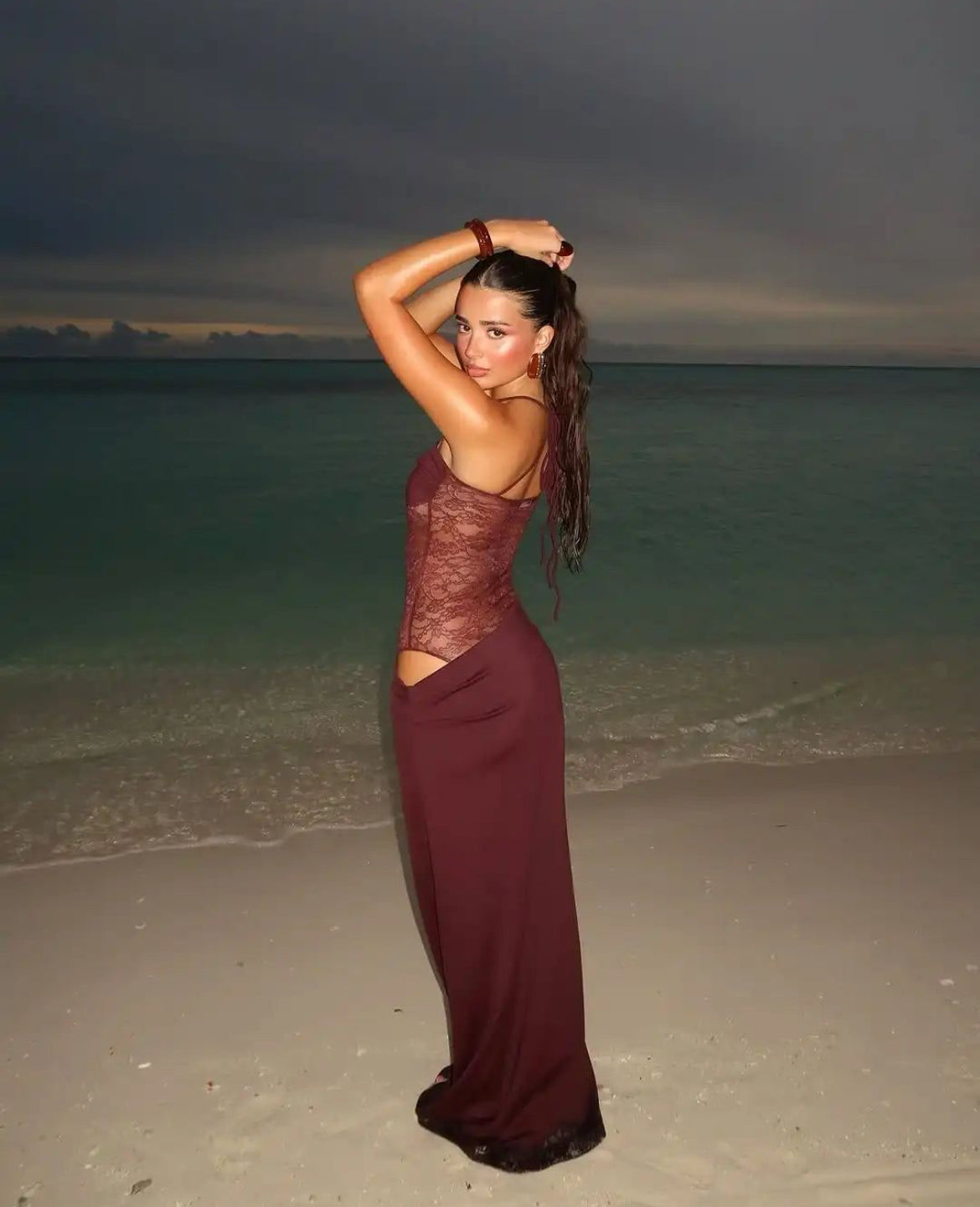 Elegant Wine Red Long Dress - Lace Detail Bodycon Maxi for Wedding Guest and Formal Night Out