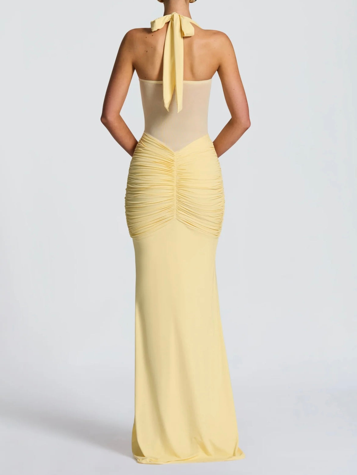 Elegant Yellow Evening Long Dress - Halter Neck Mesh Panel Maxi for Wedding Guest or Gala
