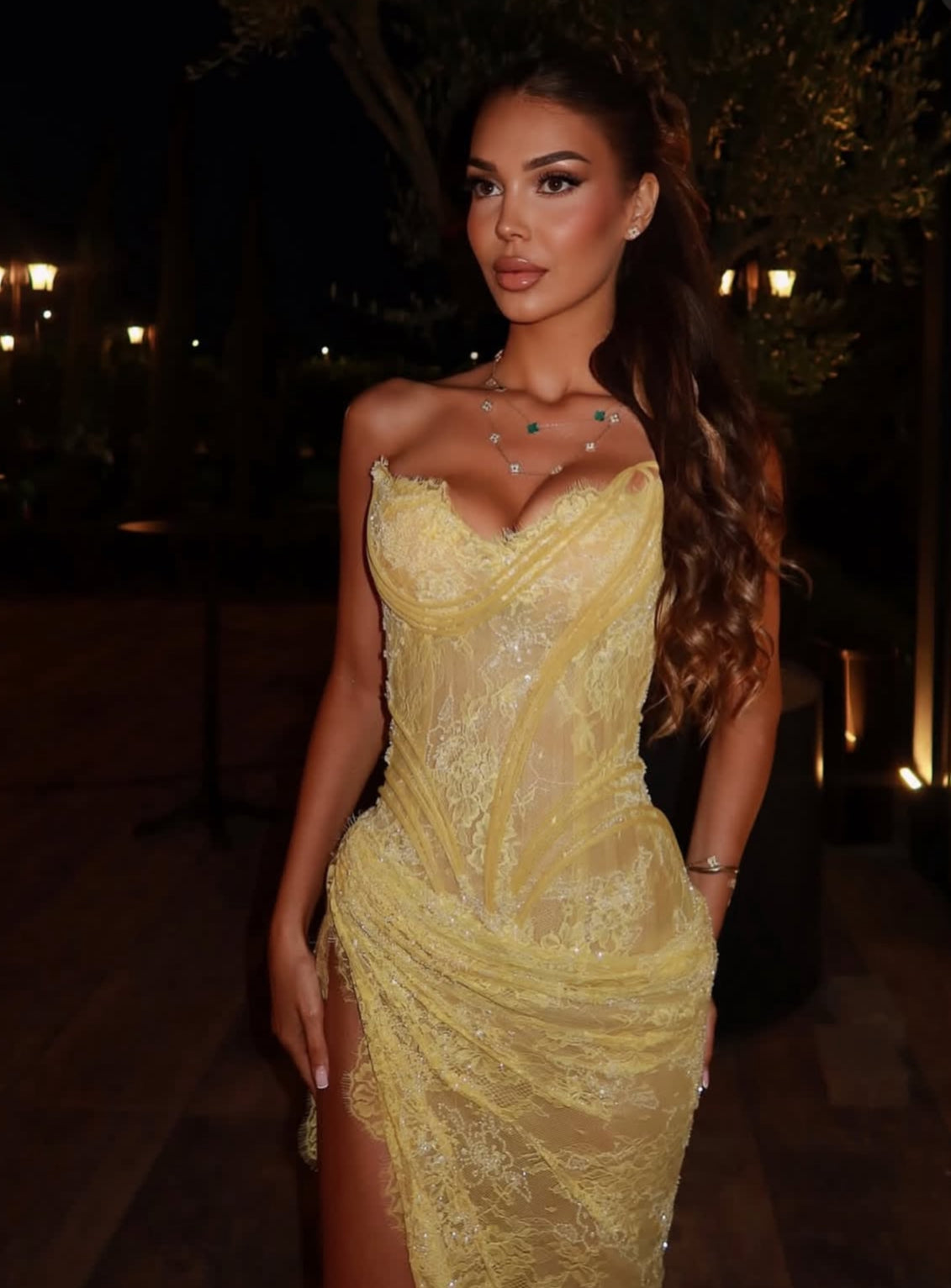 Yellow Floral Lace Corset Maxi Dress with Strapless Bustier and High Slit Detail