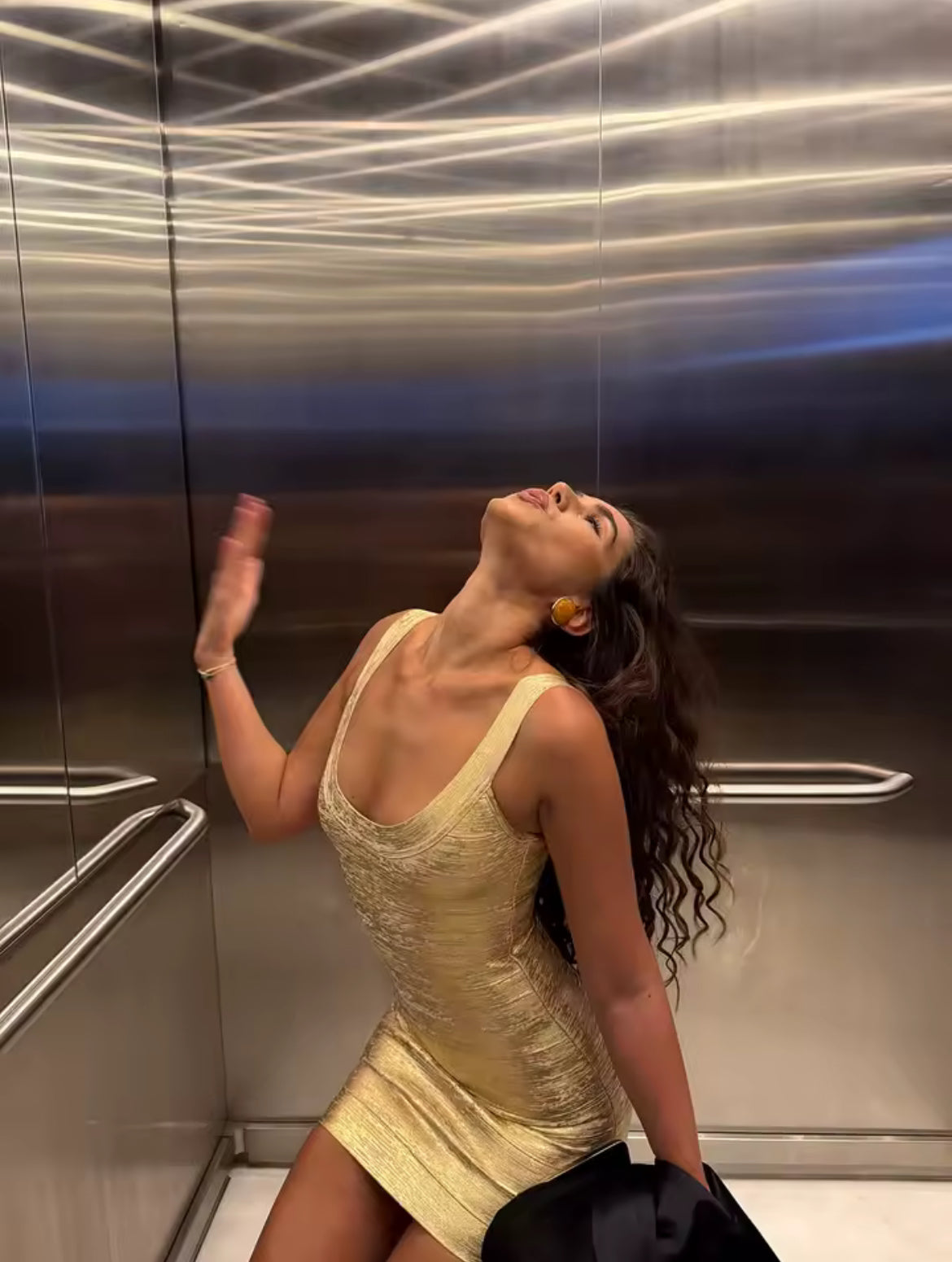 Metallic Gold Bandage Mini Dress with Scoop Neckline - Shimmering Bodycon Party Outfit