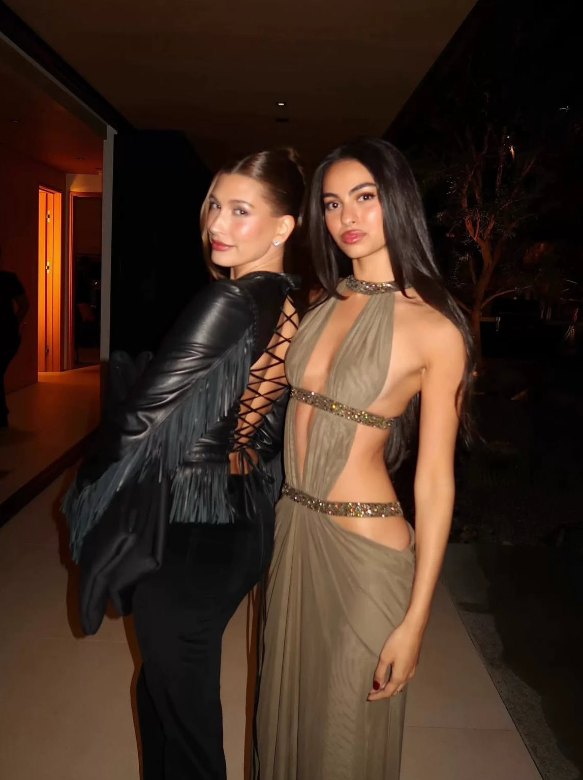 Taupe Brown Halter Neck Maxi Dress with Embellished Waist Cut-Outs and Deep V-Neckline