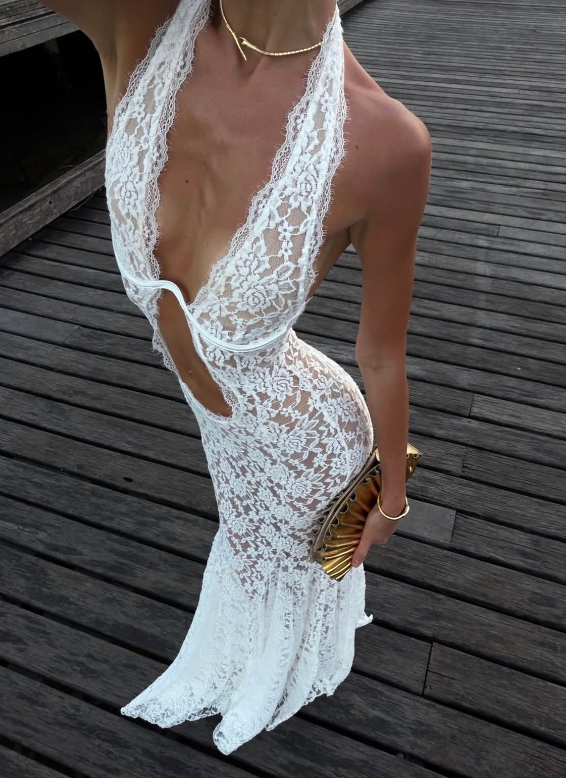 High-fashion sheer floral lace floor-length dress for women