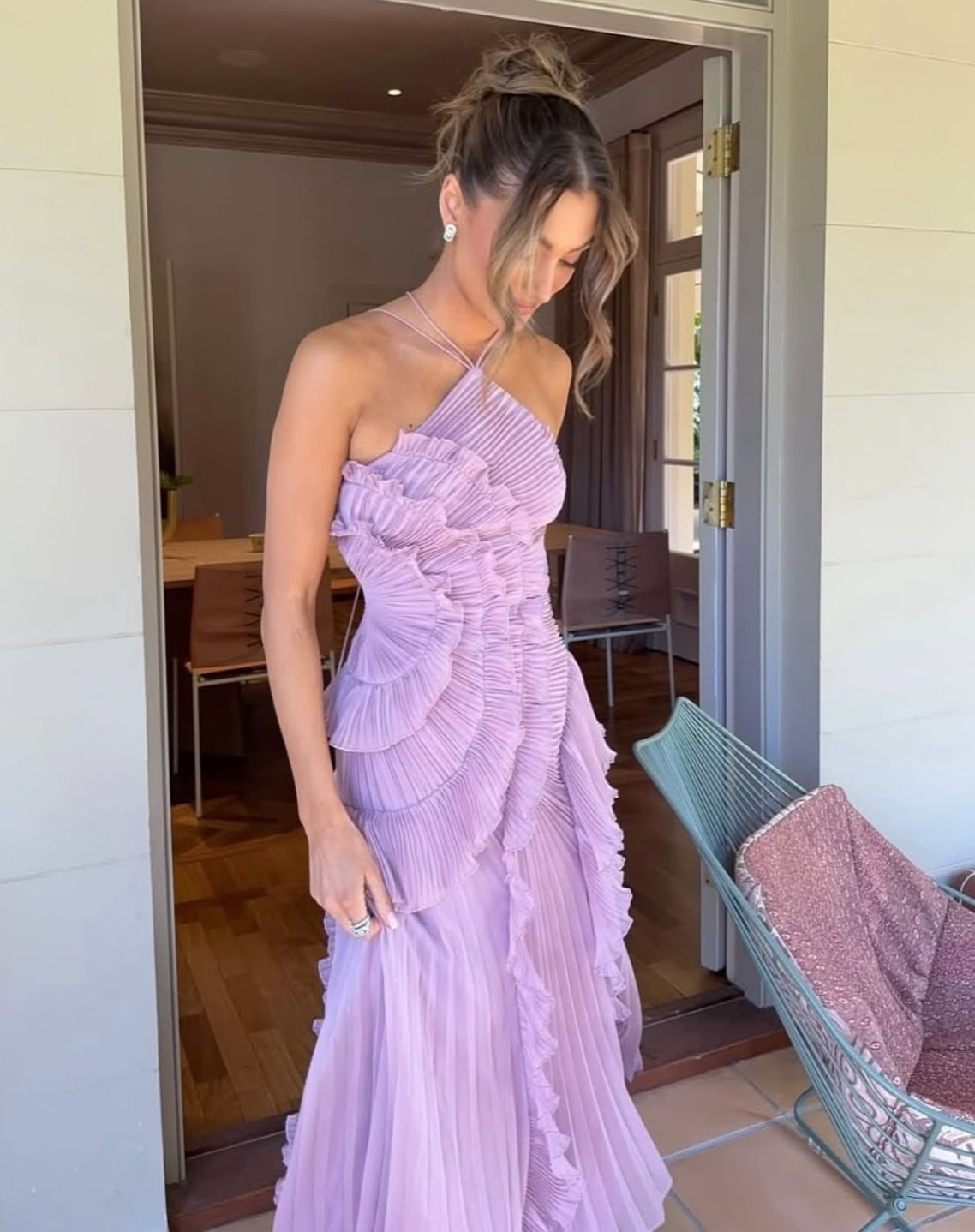 Lavender Lilac Pleated Maxi Dress with Cascading Ruffles and Halter Neck Detail