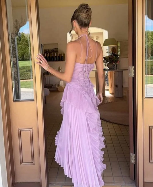 Lavender Lilac Pleated Maxi Dress with Cascading Ruffles and Halter Neck Detail