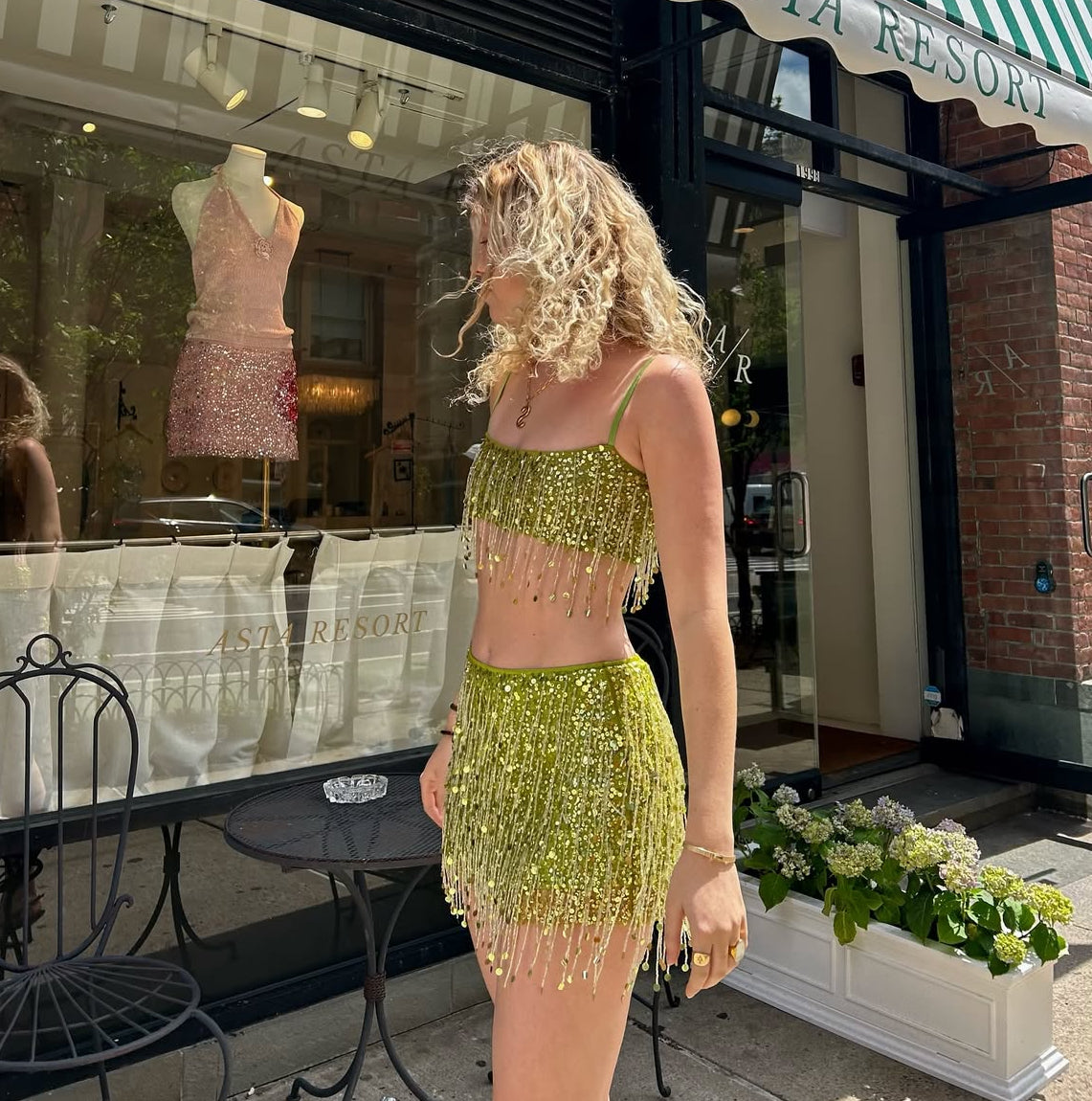Lime Green Sequin Fringe Two-Piece Set - Beaded Crop Top and Mini Skirt Festival Outfit