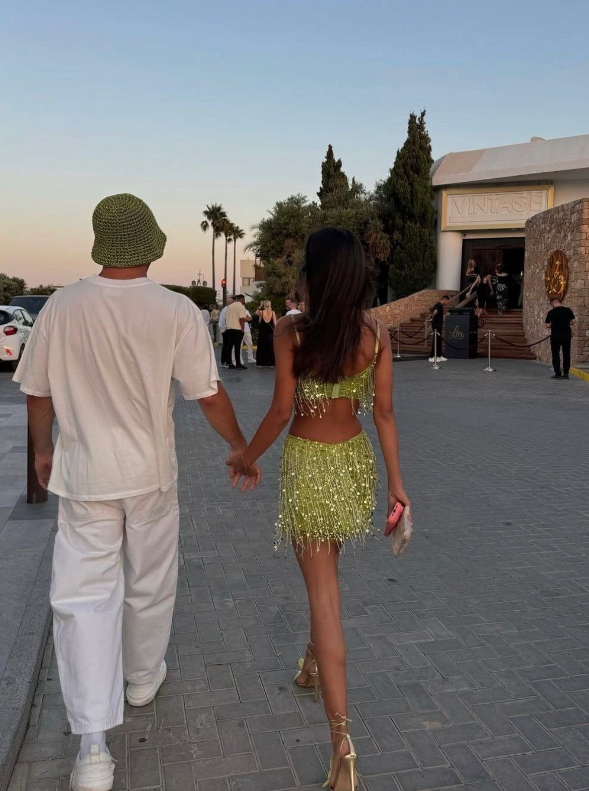 Luxury Lime Green Beaded Fringe Set - Two-Piece Mini Skirt and Top Set for Night Out