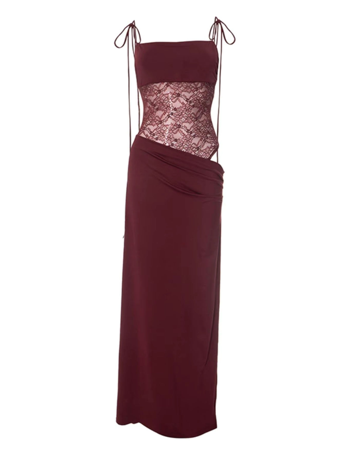 Deep Burgundy Maxi Dress with Sheer Floral Lace Midriff and Draped Halter Neckline