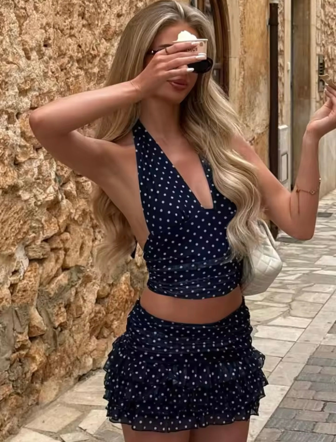 Navy and White Polka Dot 2-Piece Mini Dress Matching Set