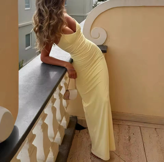 Pale Yellow Jersey Maxi Dress with Ruched Bodice and Elegant Column Silhouette