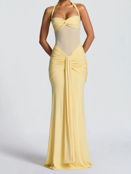 Pastel Yellow Halter Neck Maxi Dress with Mesh Waist Detail and Ruched Draped Skirt