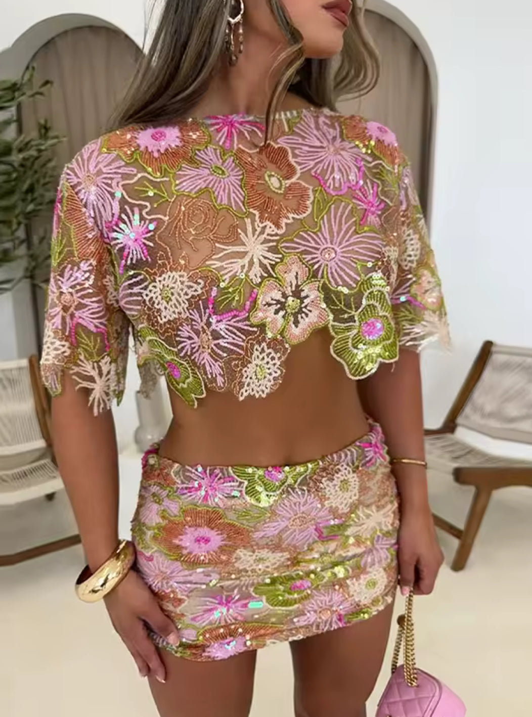 Pink Floral Sequin Mesh Matching Set - Luxury Vacation Two-Piece Outfit