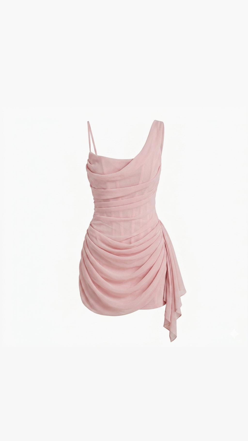 Pink dress with ruched details on a white background