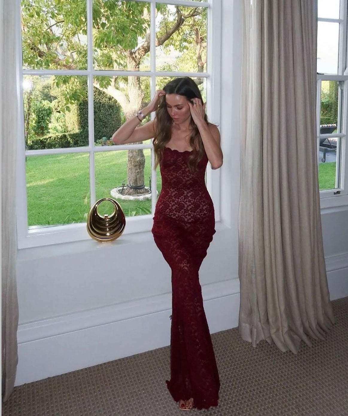 Wine Red Floral Lace Maxi Dress with Corset Style Bodice and Slim Spaghetti Straps