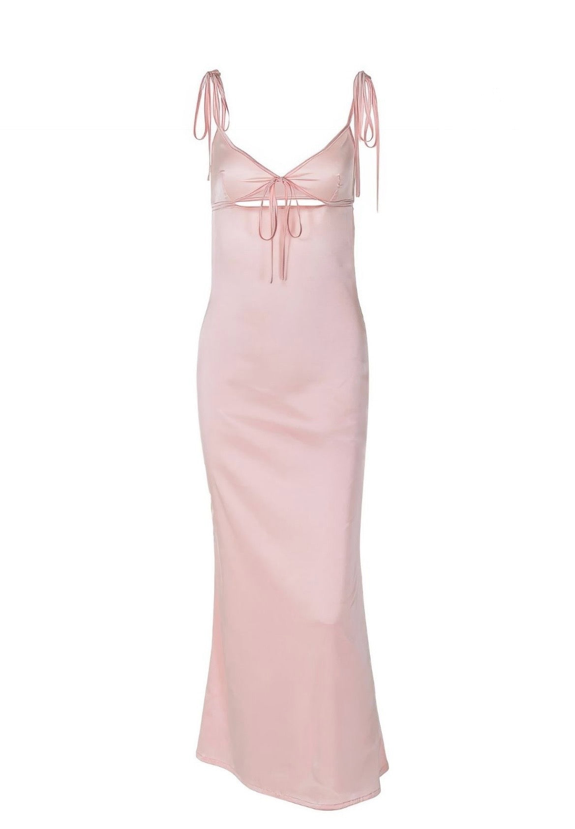 Light Pink Satin Maxi Dress with Tie-Front Cut Out and Ruffle Shoulder Straps