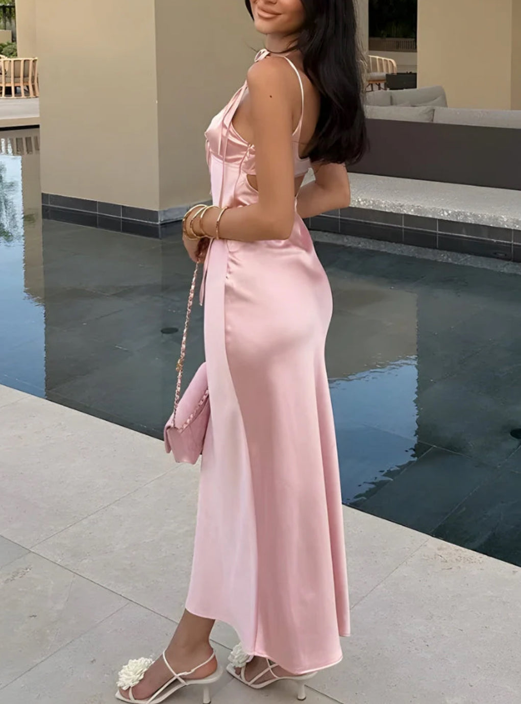 Pink Satin Summer Maxi Dress - Cut-Out Front Long Slip Dress for Weddings and Parties