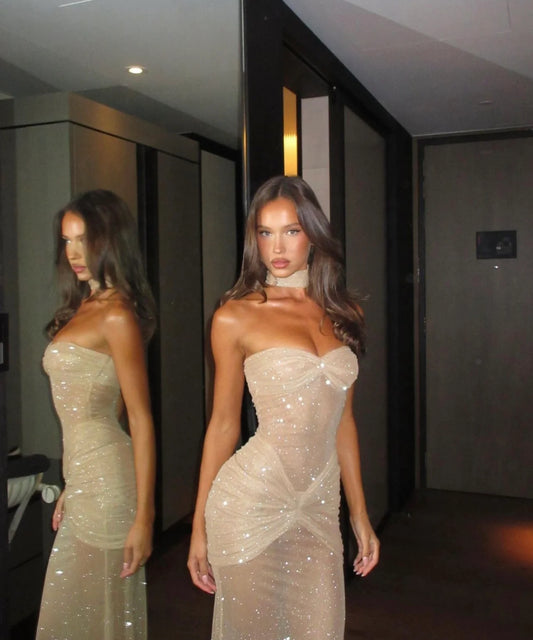 Sparkly Nude Sheer Maxi Dress with Strapless Bustier Bodice and Shimmering Mesh Fabric